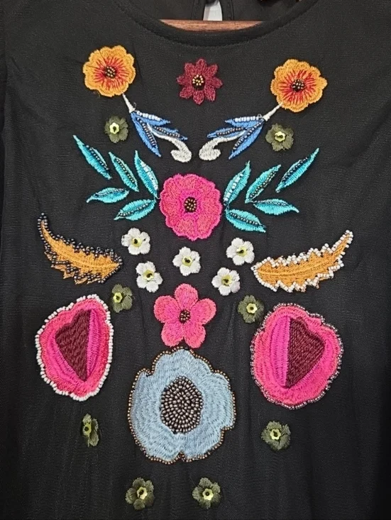 Kyra Tunic Black Cold Shoulder Large Embroidered Floral Tulle Whimsigoth Fairy - Picture 3 of 11